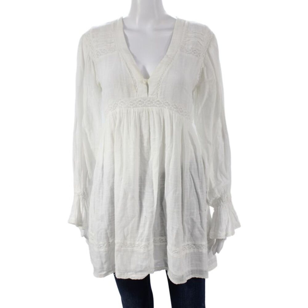 Maurie & Eve Women Tunic White 100% Cotton V-Neck Long Sleeve Boho Size 6